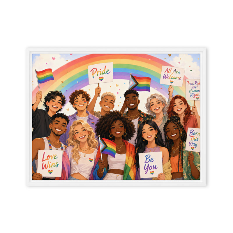 Illustration of a diverse group of people holding Pride-related signs and flags against a rainbow background.