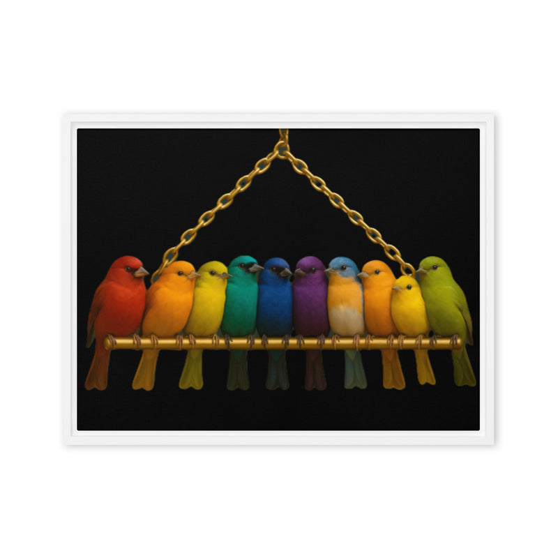 Colorful birds on a branch against a black background