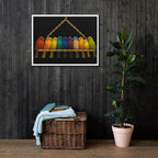 Colorful bird painting on a dark wooden wall with a woven basket and plant below.