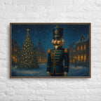 Midnight Nutcracker Village holiday framed canvas — festive Christmas night scene with deep navy and gold tones