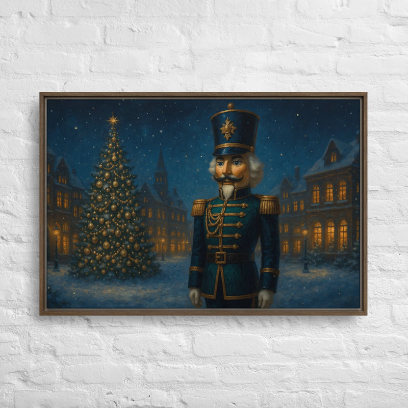 Midnight Nutcracker Village holiday framed canvas — festive Christmas night scene with deep navy and gold tones