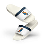 Kingfisher minimalist men's slide sandals — white with navy strap and bird illustration