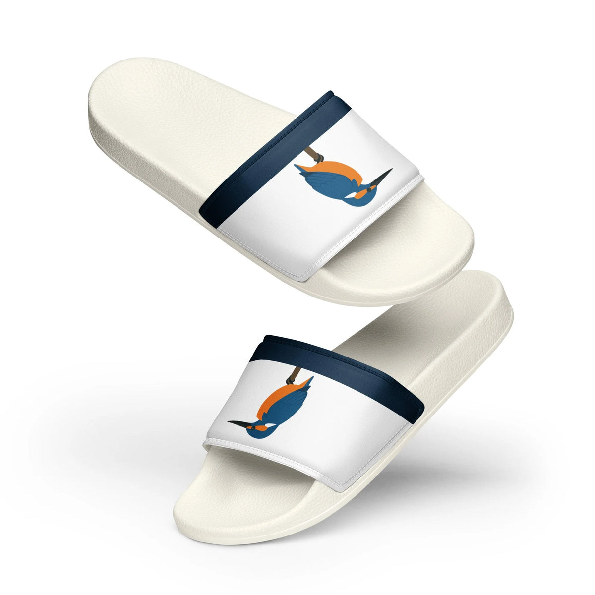 Kingfisher minimalist men's slide sandals — white with navy strap and bird illustration