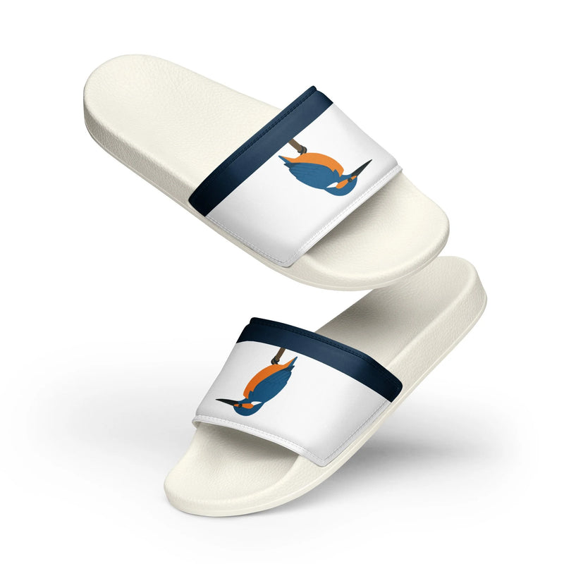 Kingfisher minimalist men's slide sandals — white with navy strap and bird illustration