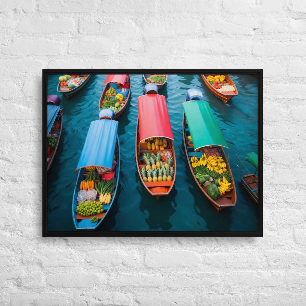 Framed photograph of colorful boats with goods on a waterway.