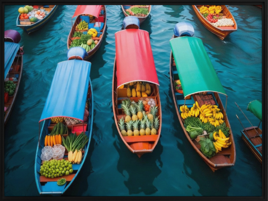 Thailand Floating Market Boats – Framed Canvas Wall Art – 9" × 12"