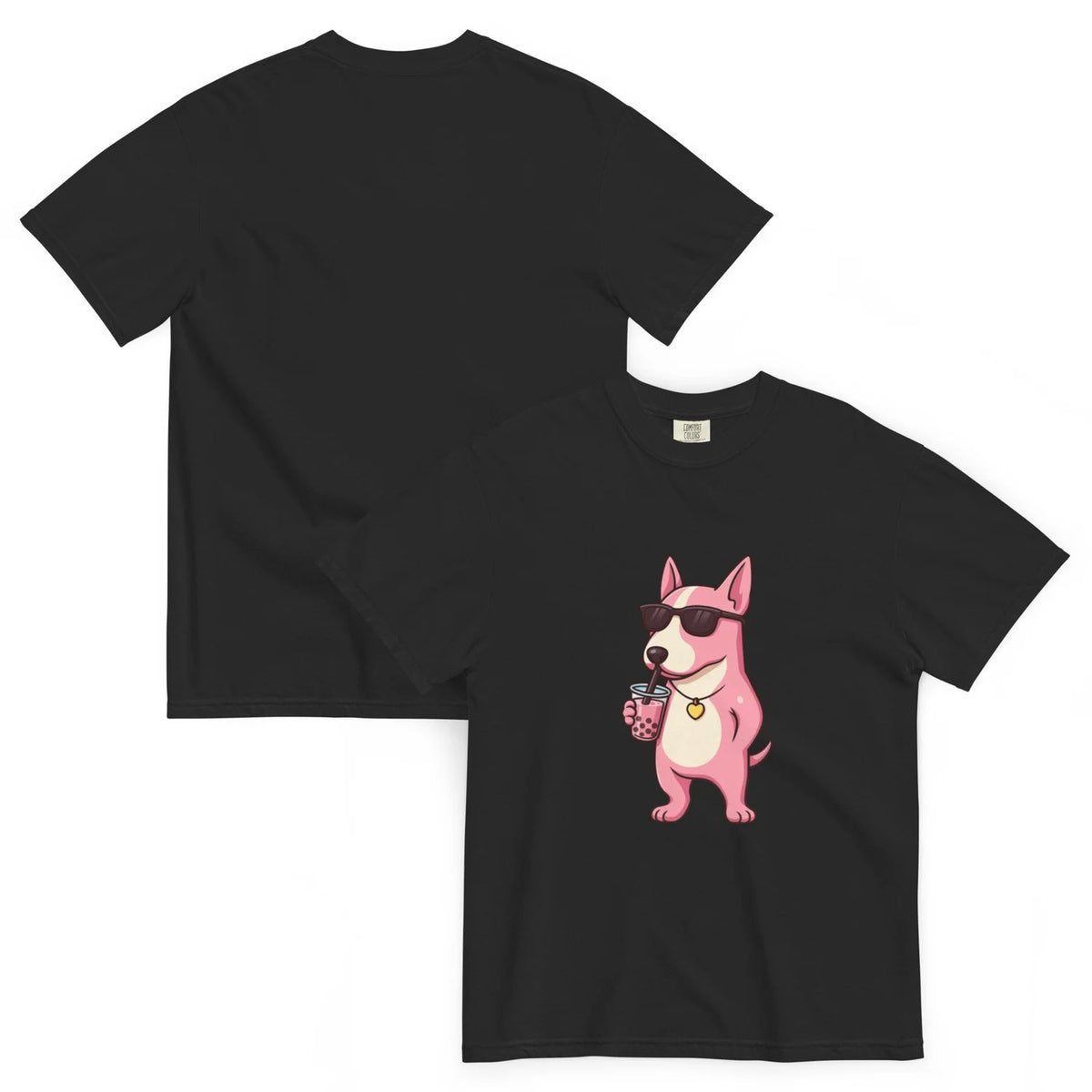 Kawaii Bull Terrier Boba Tea Heavyweight Graphic Unisex T-Shirt in black front and back view