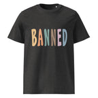 Black t-shirt with 'BANNED' in colorful letters on a white background