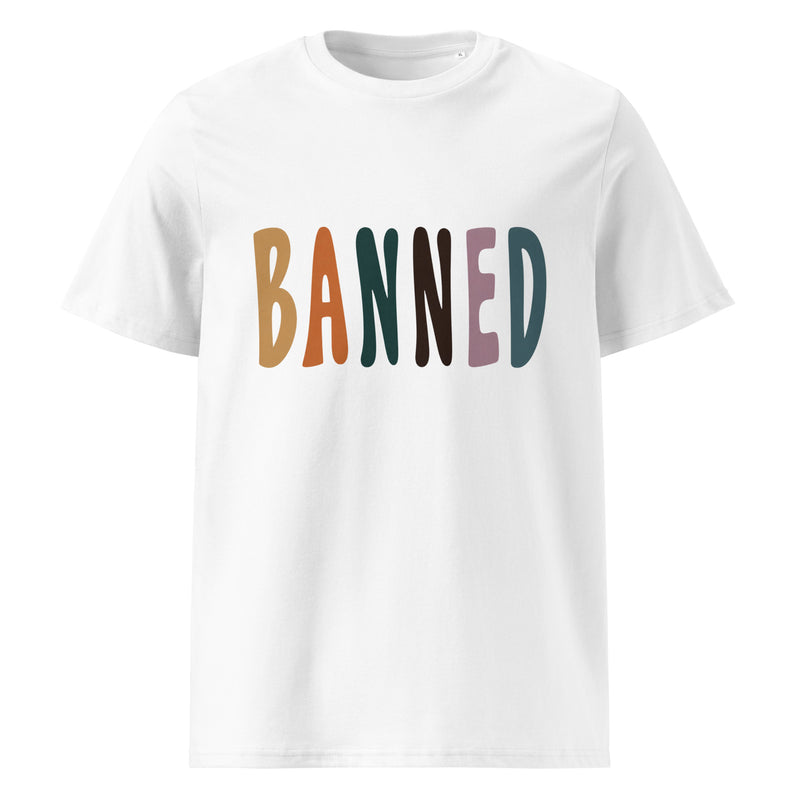 White t-shirt with 'BANNED' in colorful letters on a white background