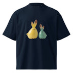 Cute Bunny Couple Whimsical Organic Oversized Unisex T-Shirt in French navy front view