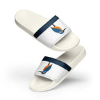 Kingfisher minimalist women's slide sandals — white with navy strap and bird illustration