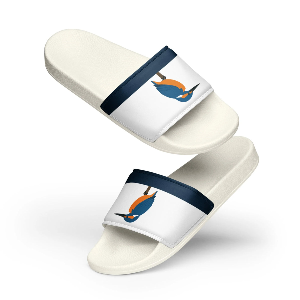 Kingfisher minimalist women's slide sandals — white with navy strap and bird illustration