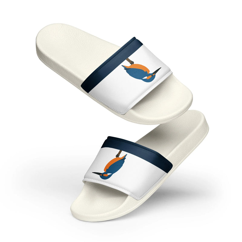 Kingfisher minimalist women's slide sandals — white with navy strap and bird illustration